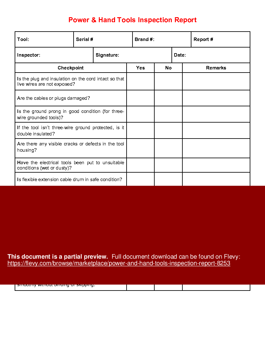 Word Template Power & Hand Tools Inspection Report (1page Word
