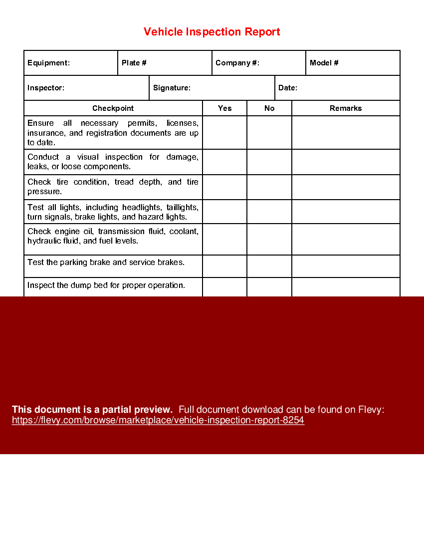 Word Template Vehicle Inspection Report (1page Word document) Flevy