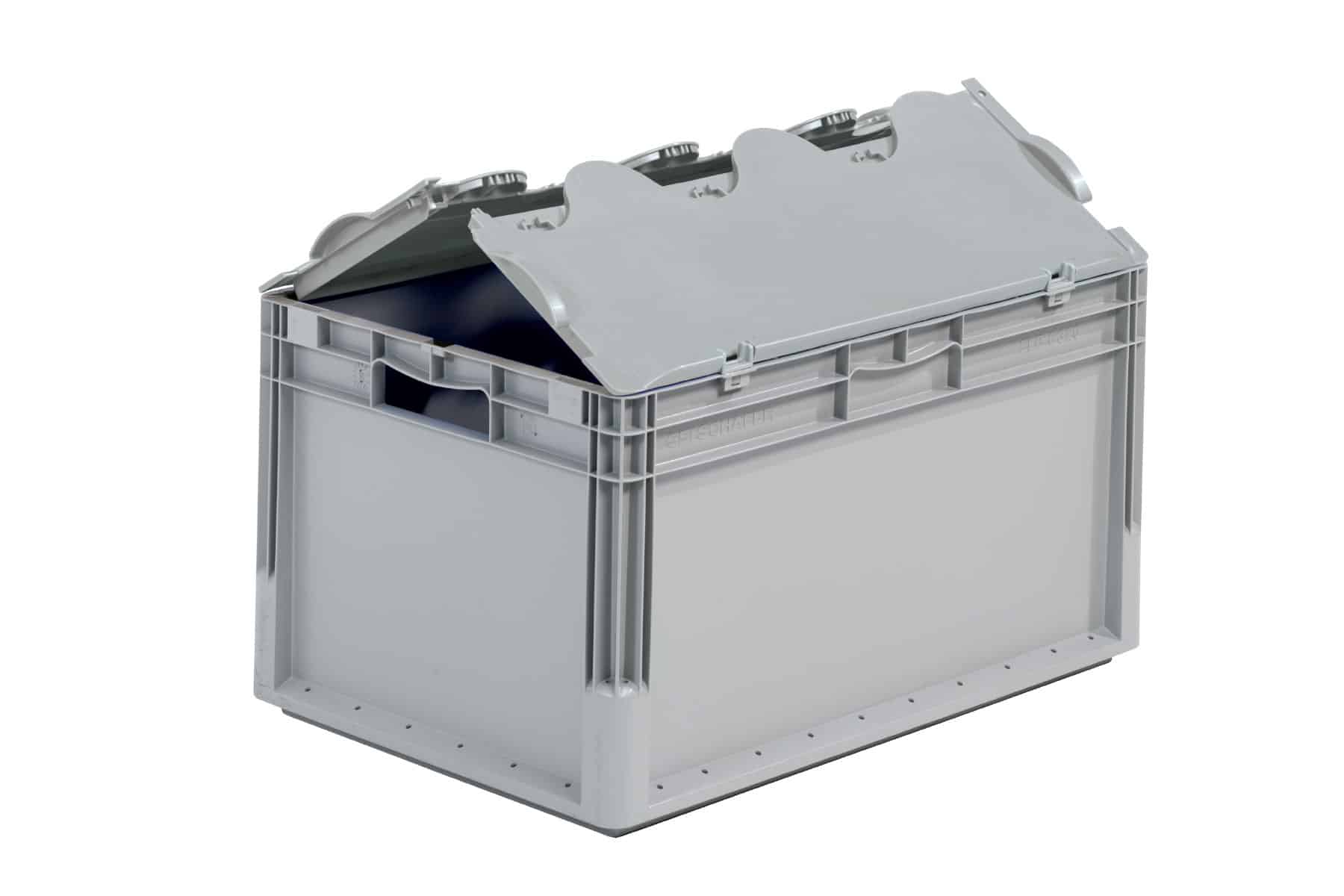 Straight wall stacking tote w/ attached lid Flexcon