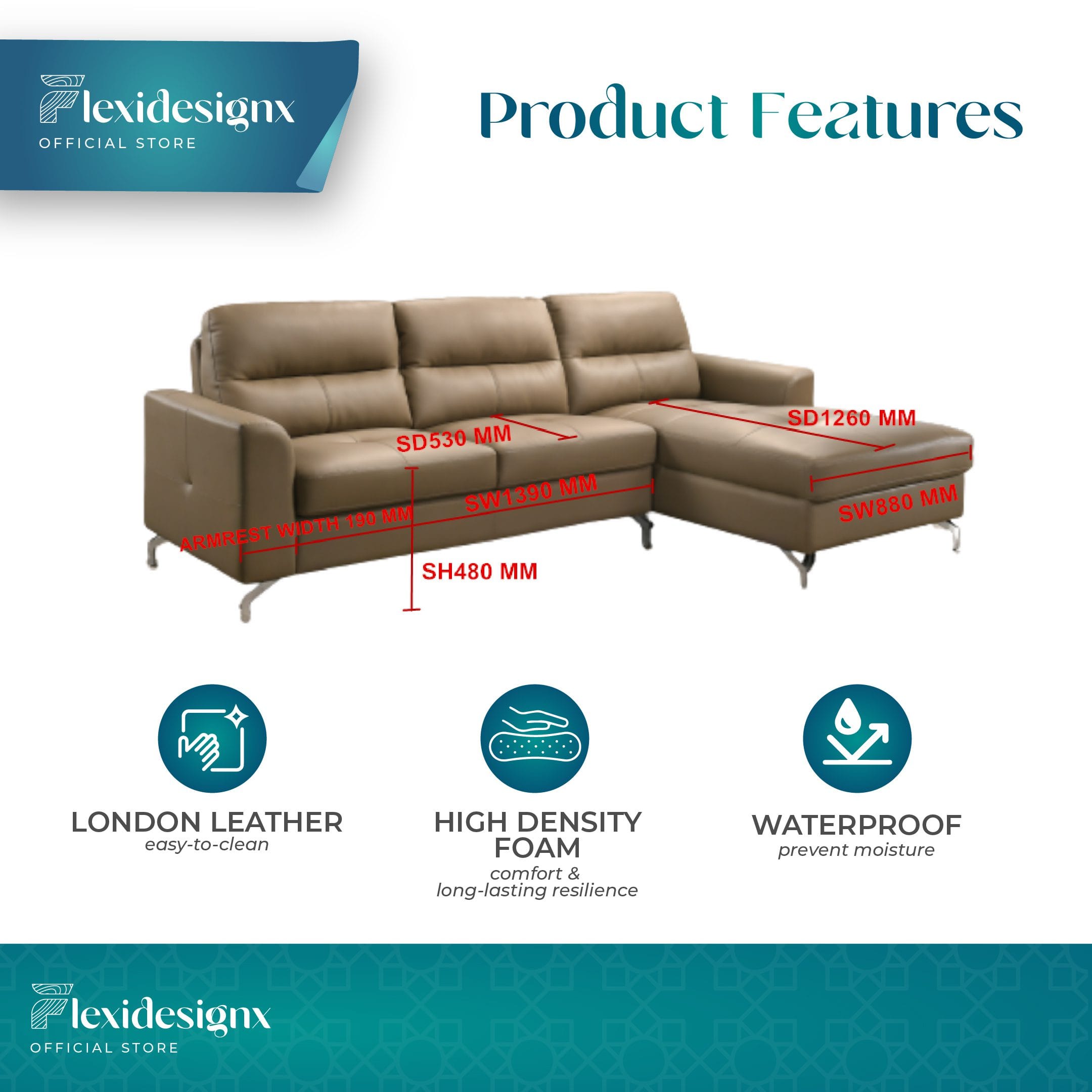 Buy MONA LShape Leather Sofa 3Seater with Metal Legs in Brown