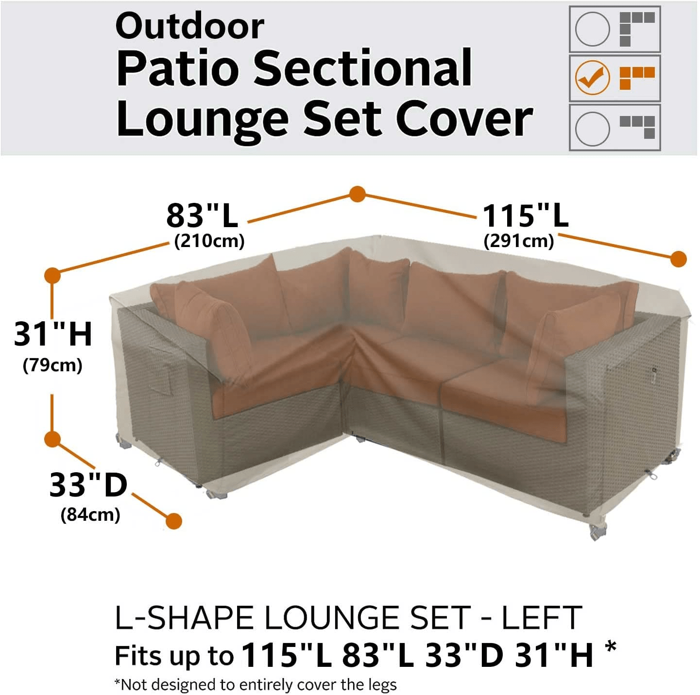 LShape 83″X115″ Outdoor Sectional Cover Midnight Black Flexiyard