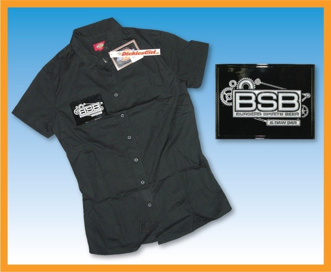 USA Made Custom PVC Labels Sewn onto Dickies shirts