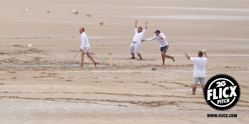 Beach Cricket Pitch hosts game on Padstow sandbar 2G Flicx Pitch