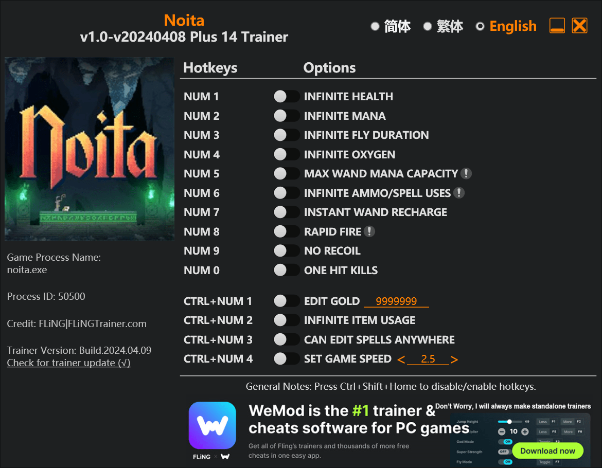 Noita Trainer FLiNG Trainer PC Game Cheats and Mods