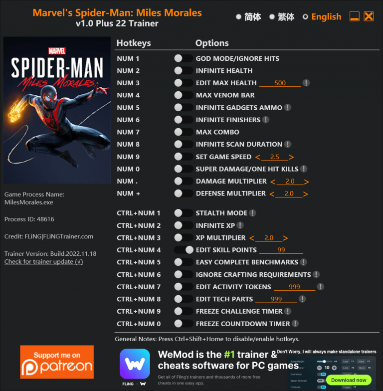Marvel's SpiderMan Miles Morales Trainer FLiNG Trainer PC Game Cheats and Mods