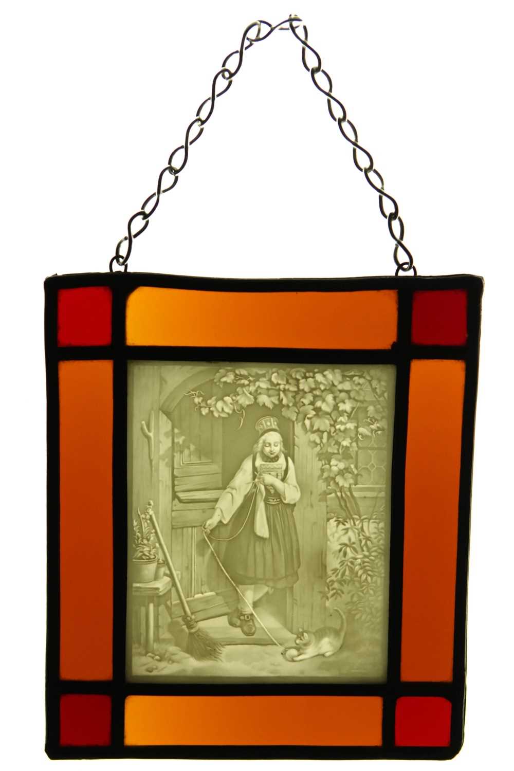 Lot 112 A Lithophane in Red Stained Glass Frame,