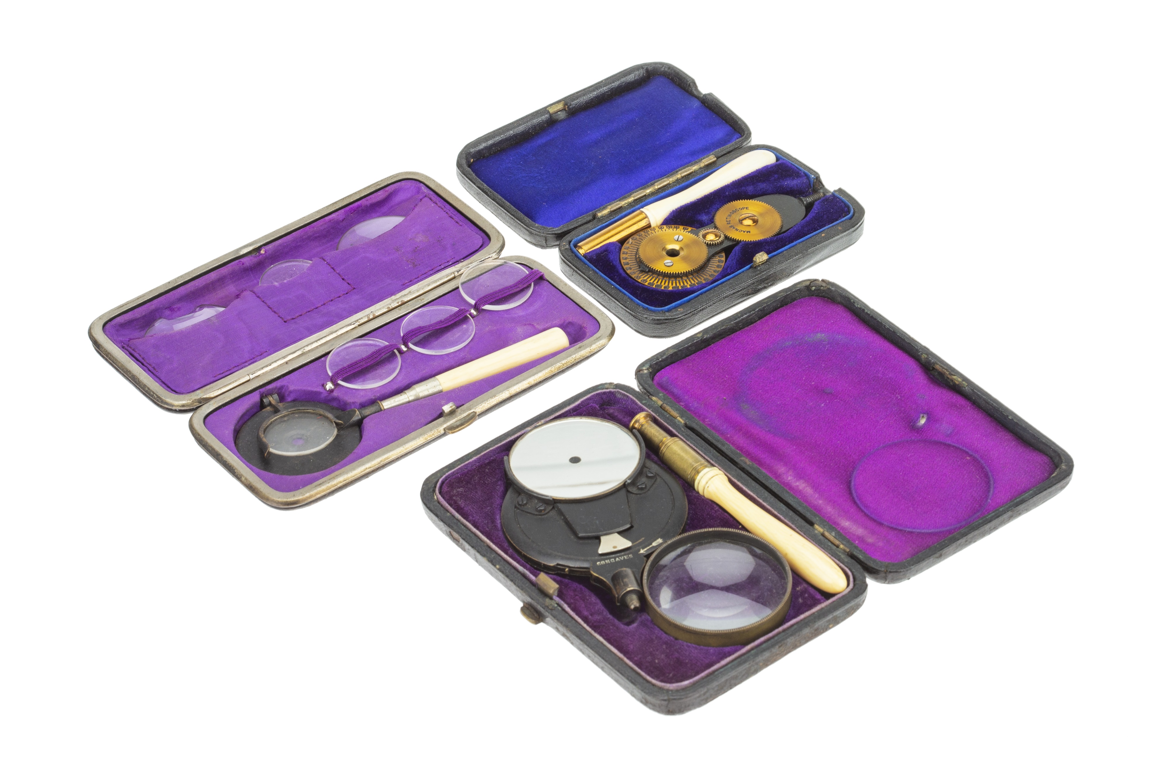 Lot 10 Cased Ophthalmoscopes and a Retinoscope,