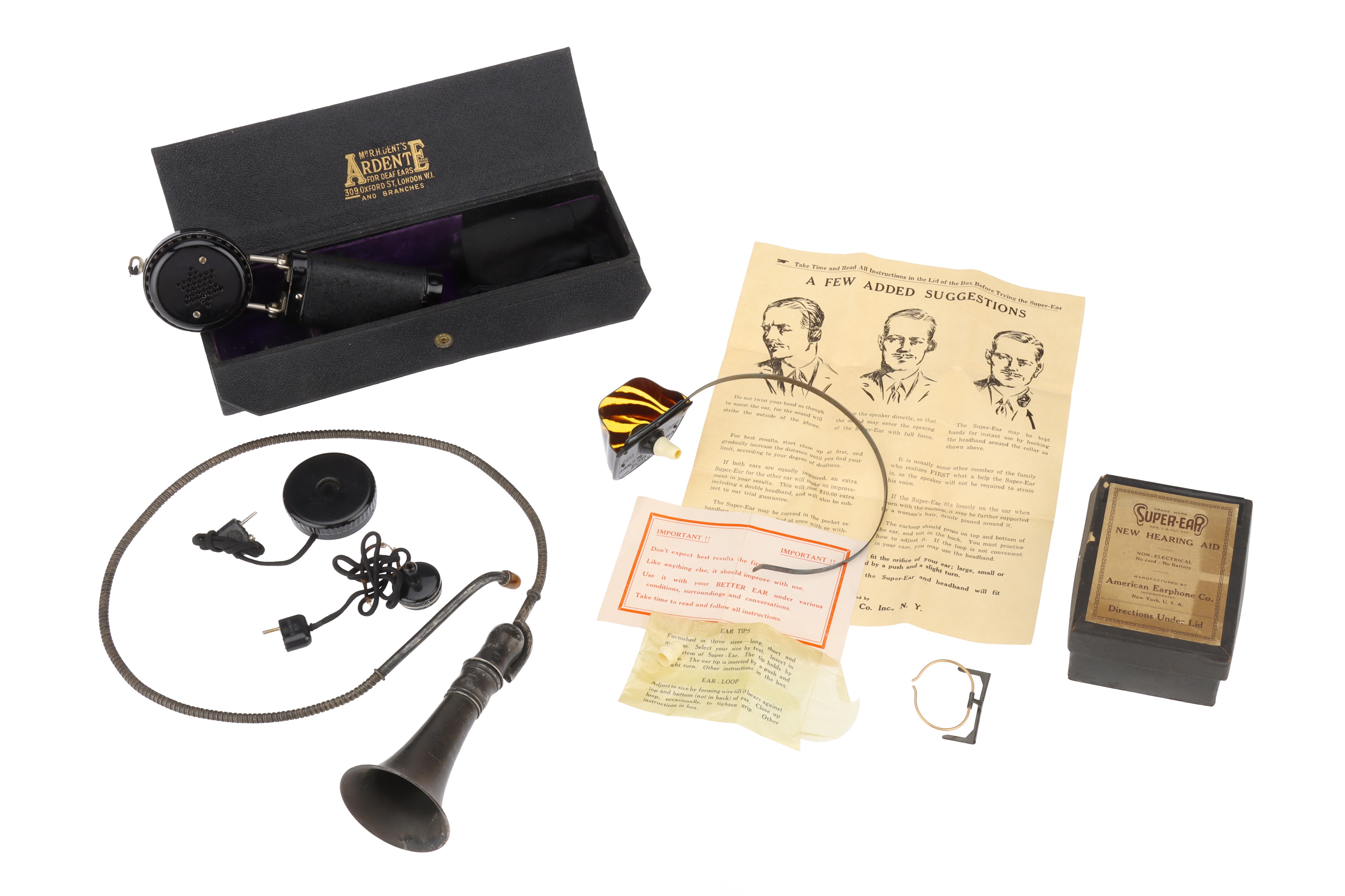 Lot 175 Ear Trumpets, Hearing Aid and Stethoscope,