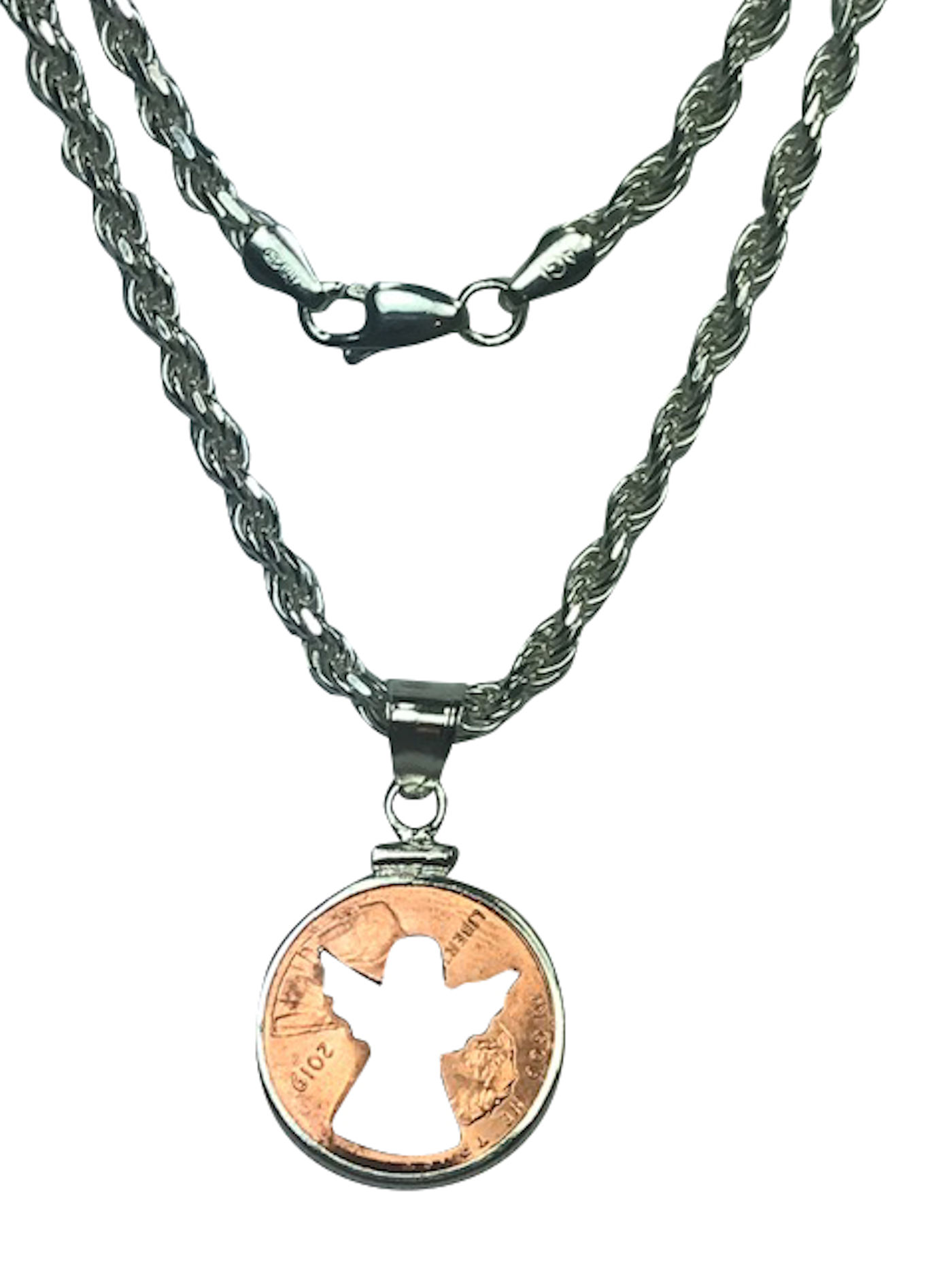 Angel Penny in Sterling Silver Coin Pendant with Diamond Cut Rope Chain