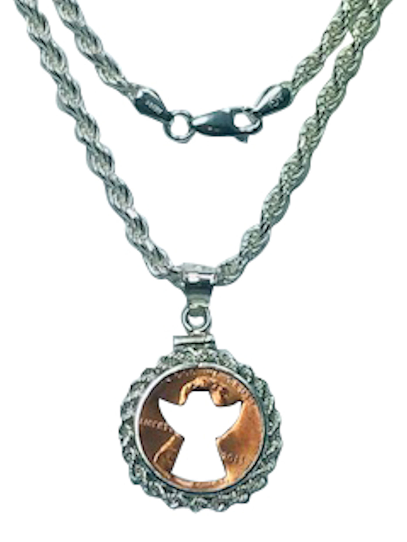 Angel Penny in Sterling Silver Rope Coin Pendant with Diamond Cut Rope