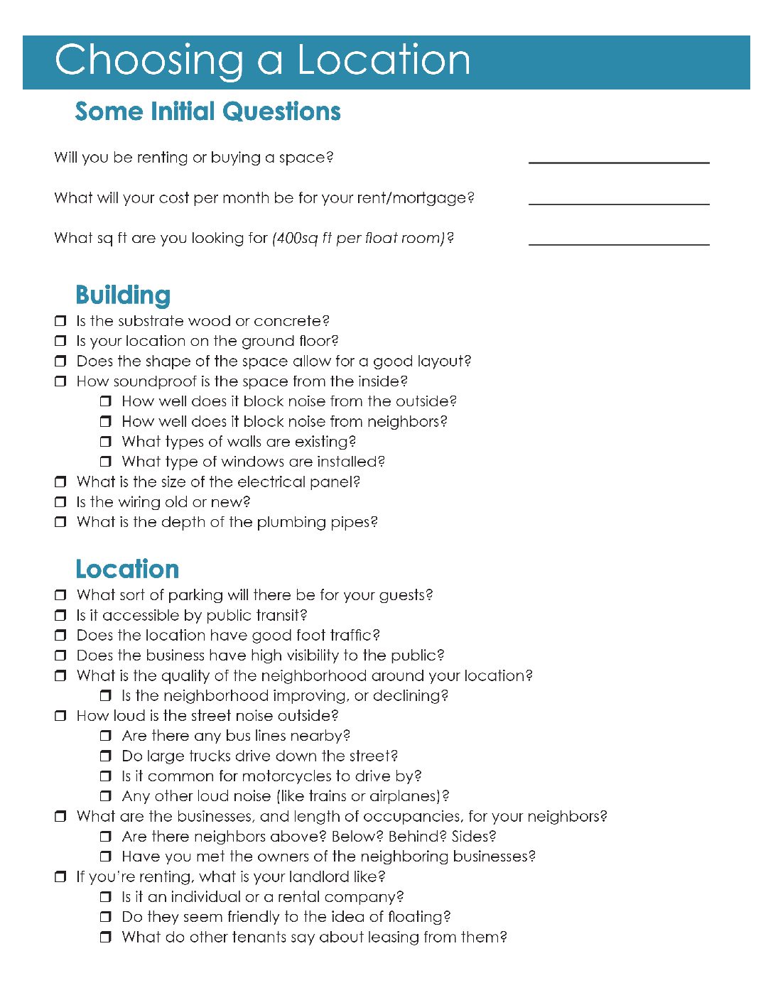 Float Center Location Checklist Float Tank Solutions