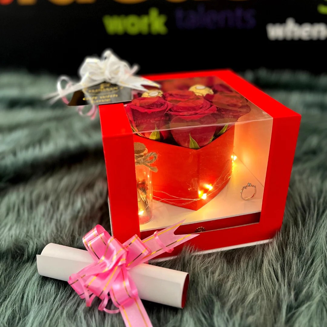 Red Rose Transparent Heart Shape Gift Box With Sliver Plated Ring For