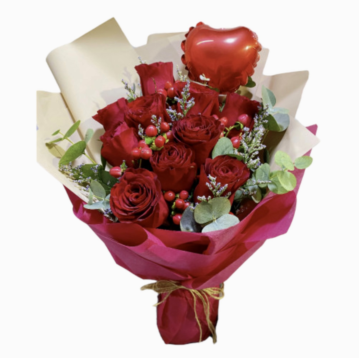 Perfect 10 red roses bouquet with mini red heart shaped balloon