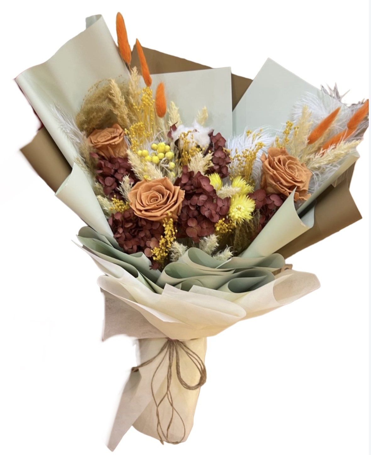 Stunning 3 soft pink color preserved roses with seasonal fillers