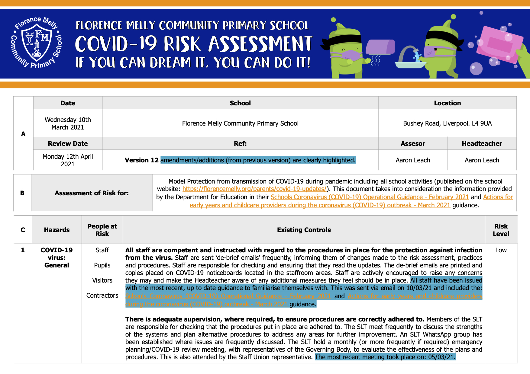 Our Updated COVID19 Risk Assessment Florence Melly Community Primary