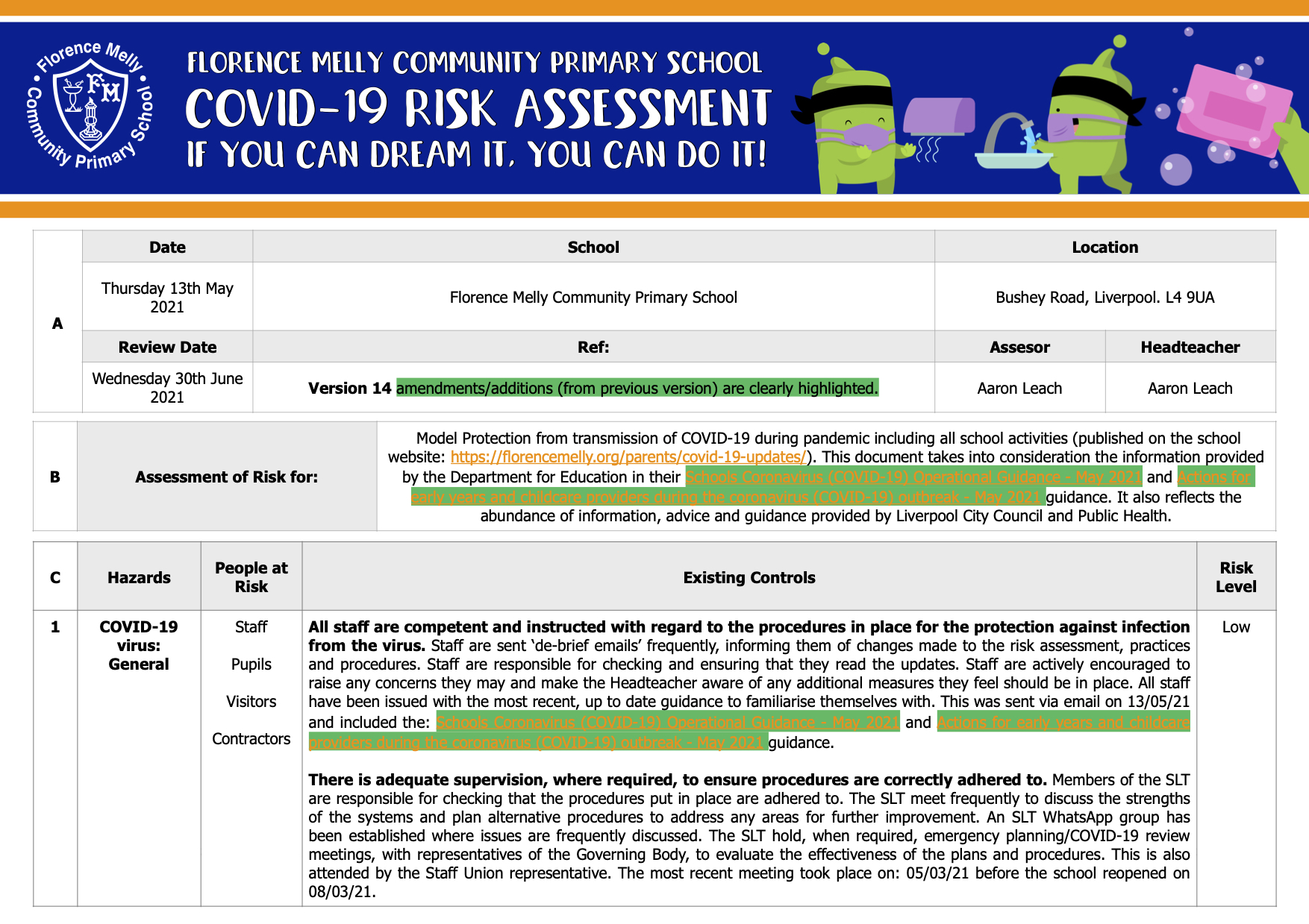 Our Updated COVID19 Risk Assessment Florence Melly Community Primary School