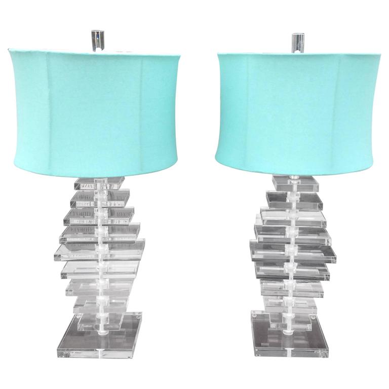 SOLD Lucite Pair of Stacked Table Lamps Finial Lampshades Architectural