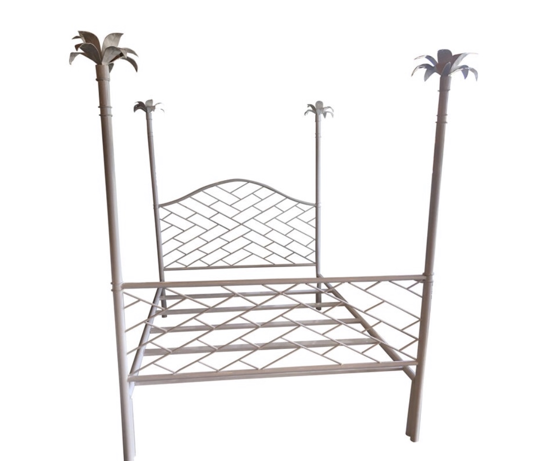 SOLD Vintage Chinese Chippendale Palm Tree Leaf Metal Four Poster Queen