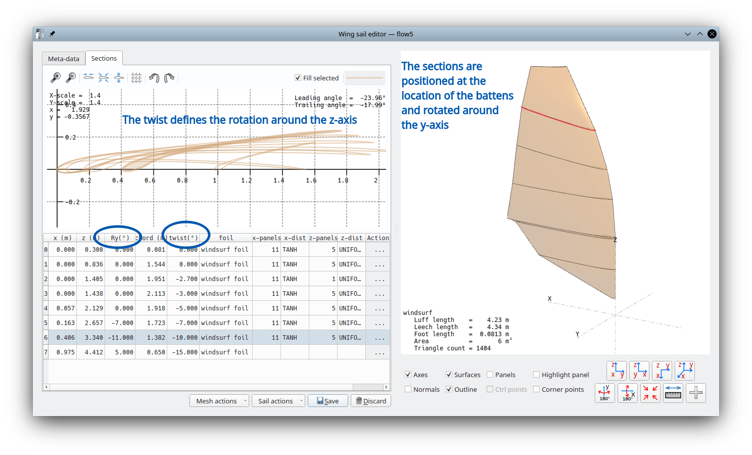 flow5 v7.01 Thick sails the windsurf example