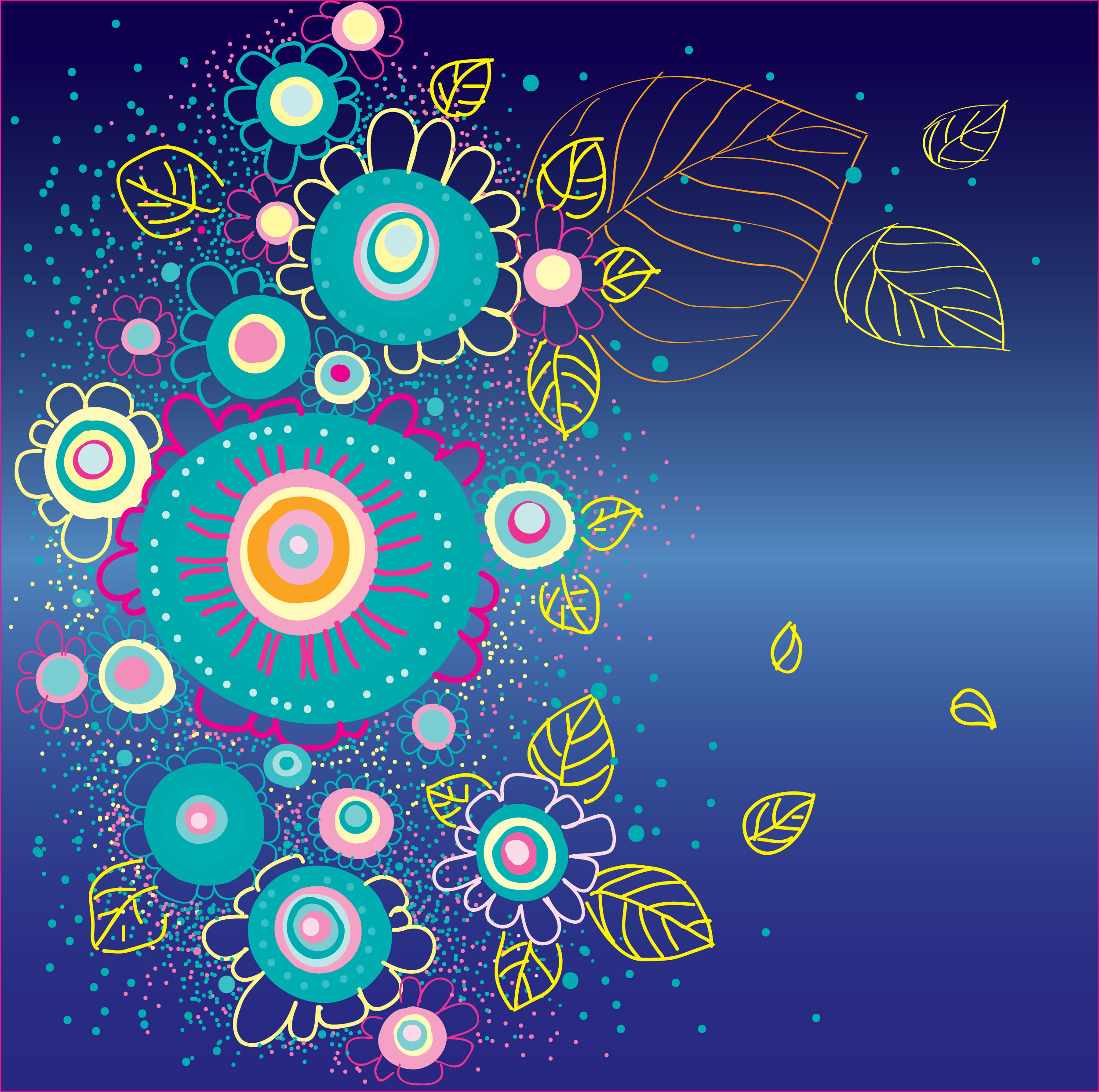 花のイラスト・フリー素材／壁紙・背景No.150『ポップデザイン・青背景』