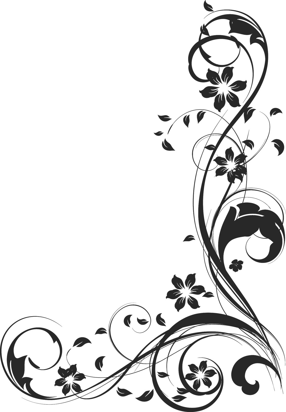 白黒・モノクロの花のイラスト・フリー素材／ライン線・コーナー用No.878『白黒・茎葉・曲線』