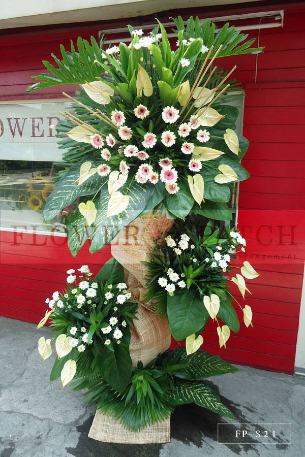 Standing Arrangement of Anthuriums, White & Red Gerberas and Mums