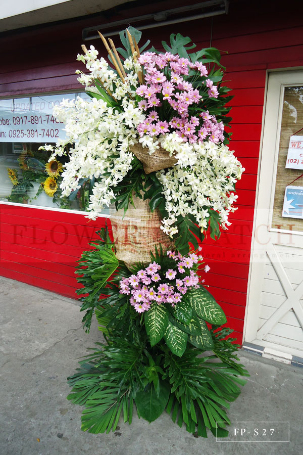 Standing Arrangement of White Orchids and Mums Funeral Flower