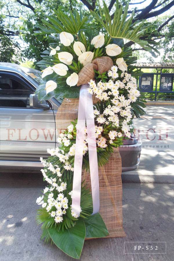 Standing Arrangement of White Anthuriums and Mums Funeral Flower