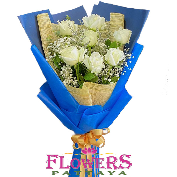 White in Blue bouquet (7 White Roses) • Flower Delivery Pattaya
