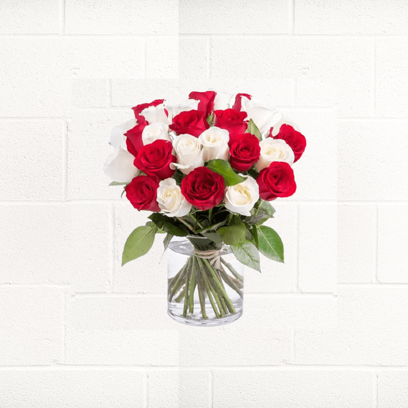 Buy Online Best RED & WHITE ROSES IN GLASS VASE in Dubai