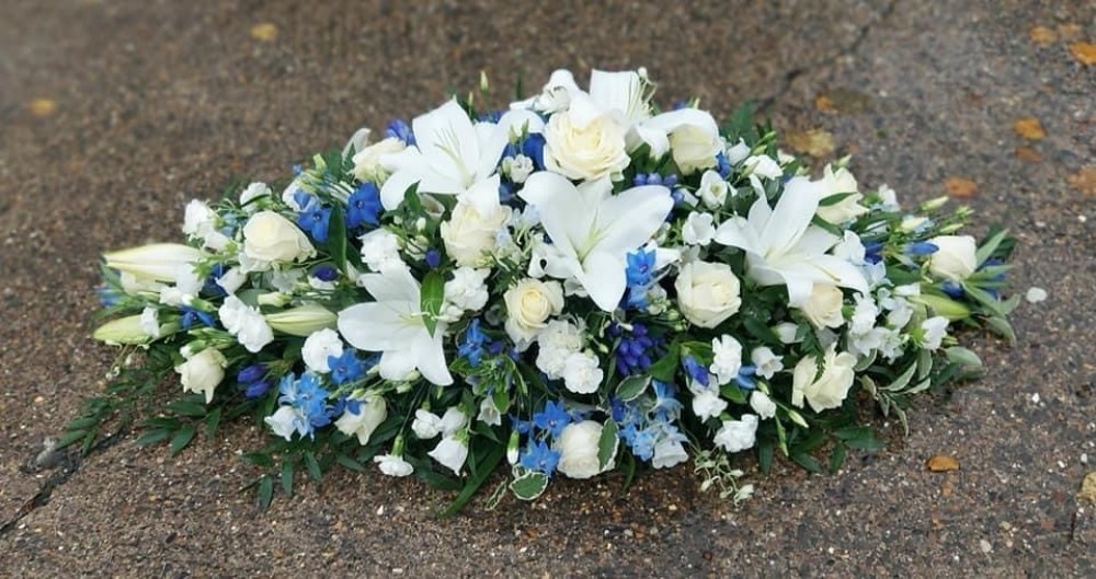 Blue and White Casket Spray Flowerzone