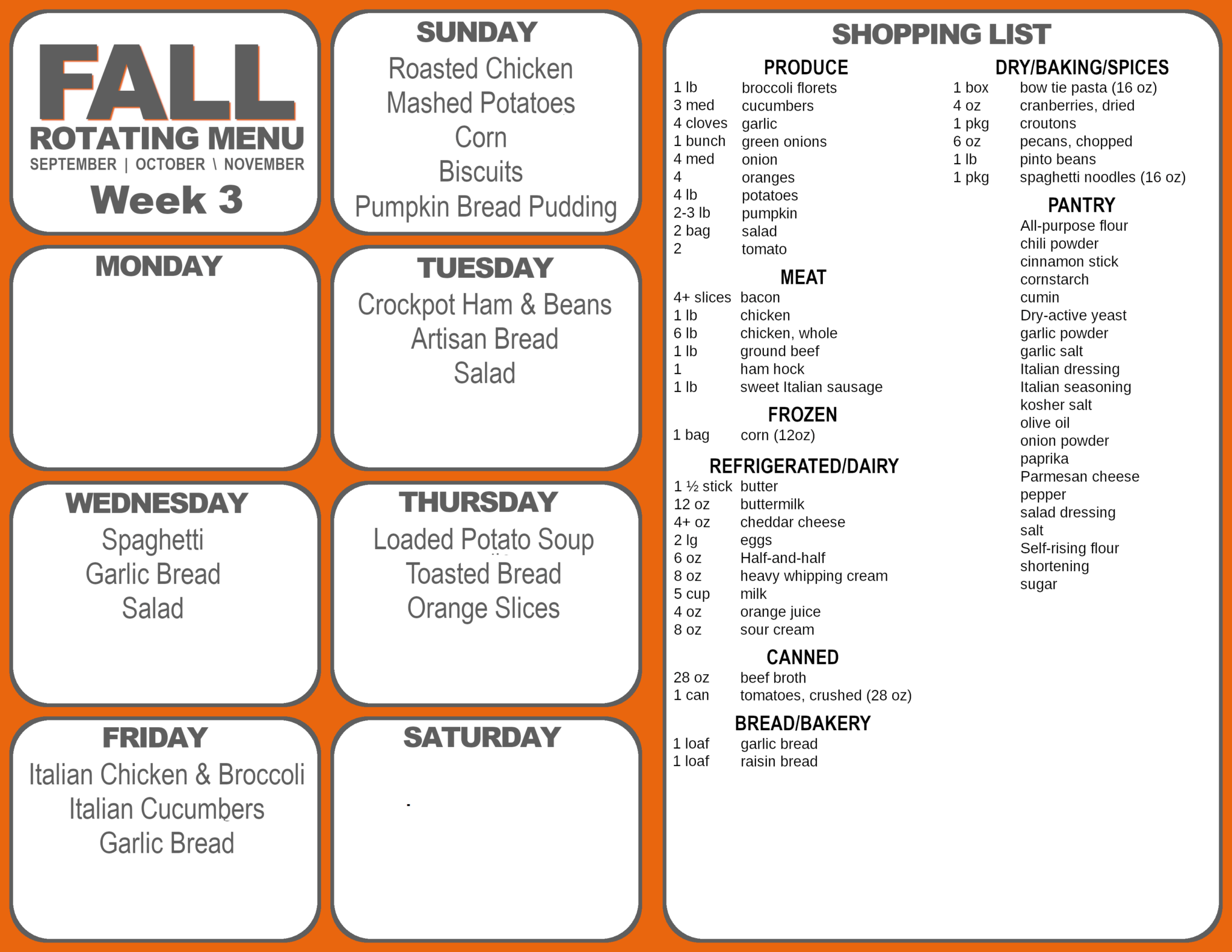 Easy Meal Plan Week 3 of Our Rotating Fall Menus Fluster Buster