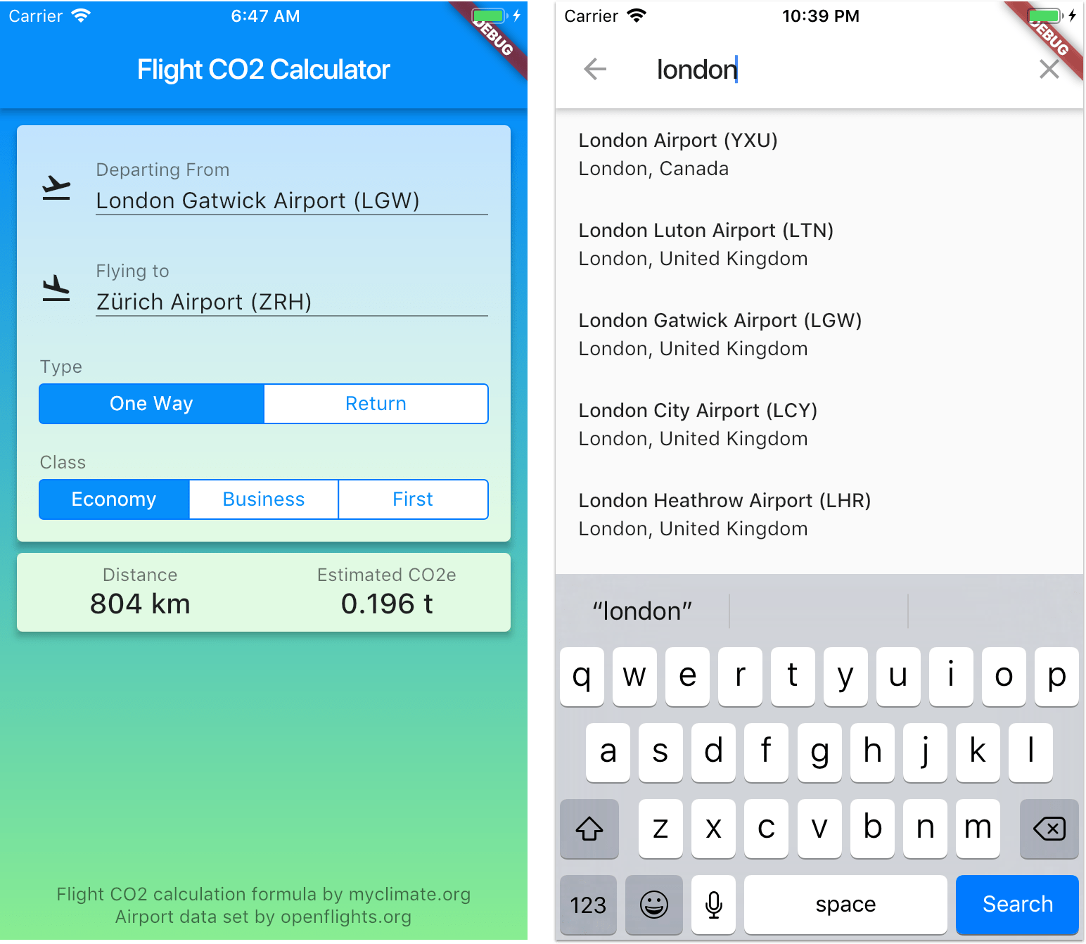 Flutter package and sample app to calculate Flight CO2 emissions