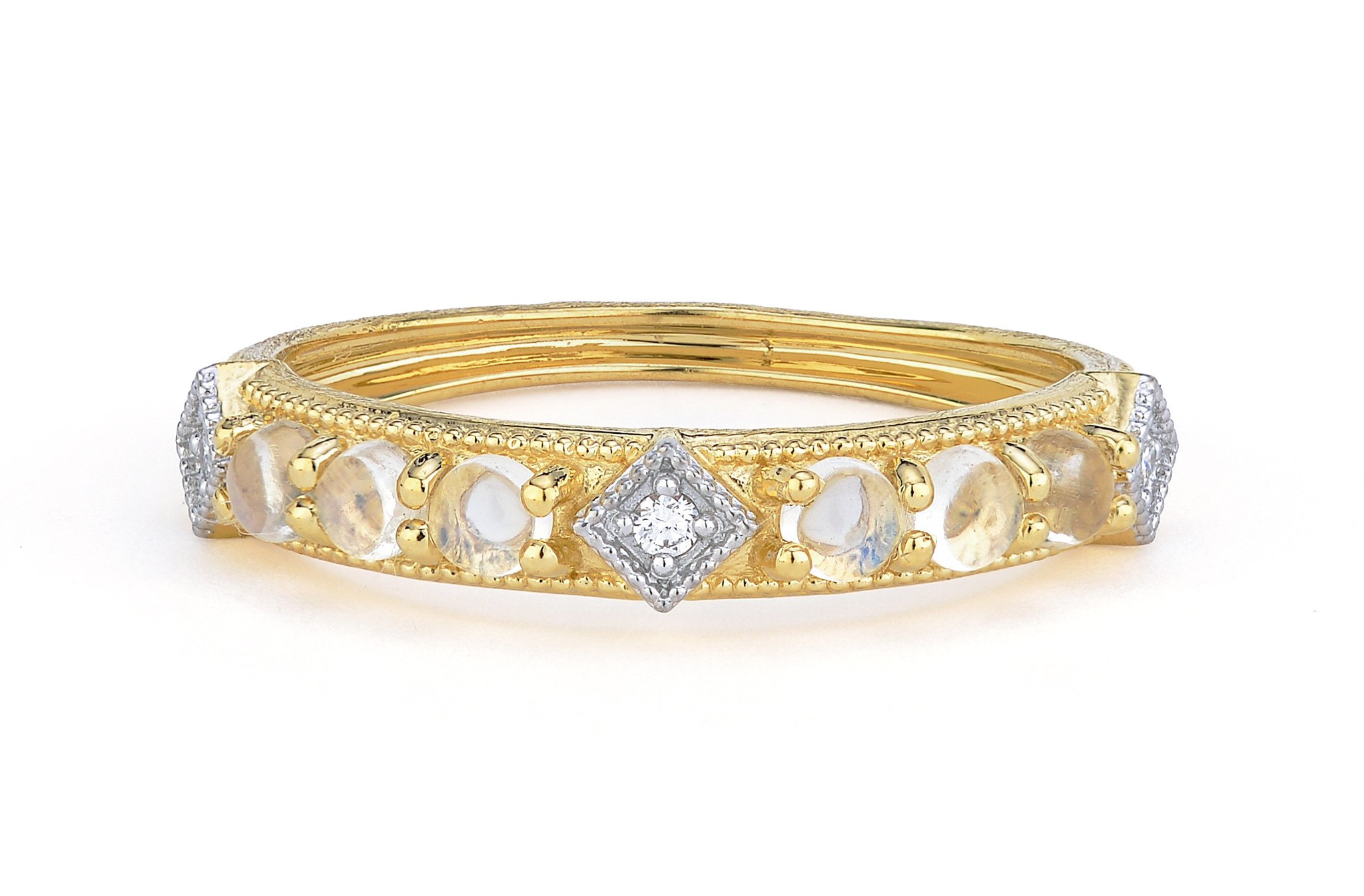 18k Lisse Band with Cabochon Moonstoon and Simple Diamond Accents