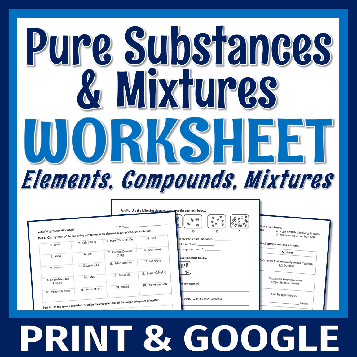 Pure Substances and Mixtures Worksheet for Middle School - Flying 