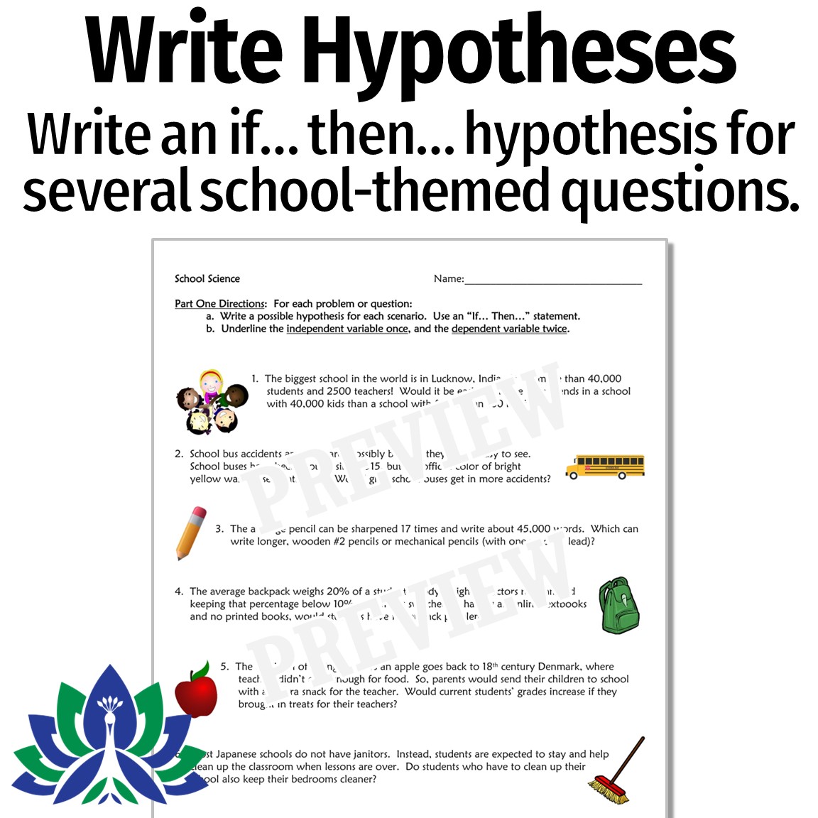 School-Themed Hypothesis and Variables Worksheet - Flying Colors Science