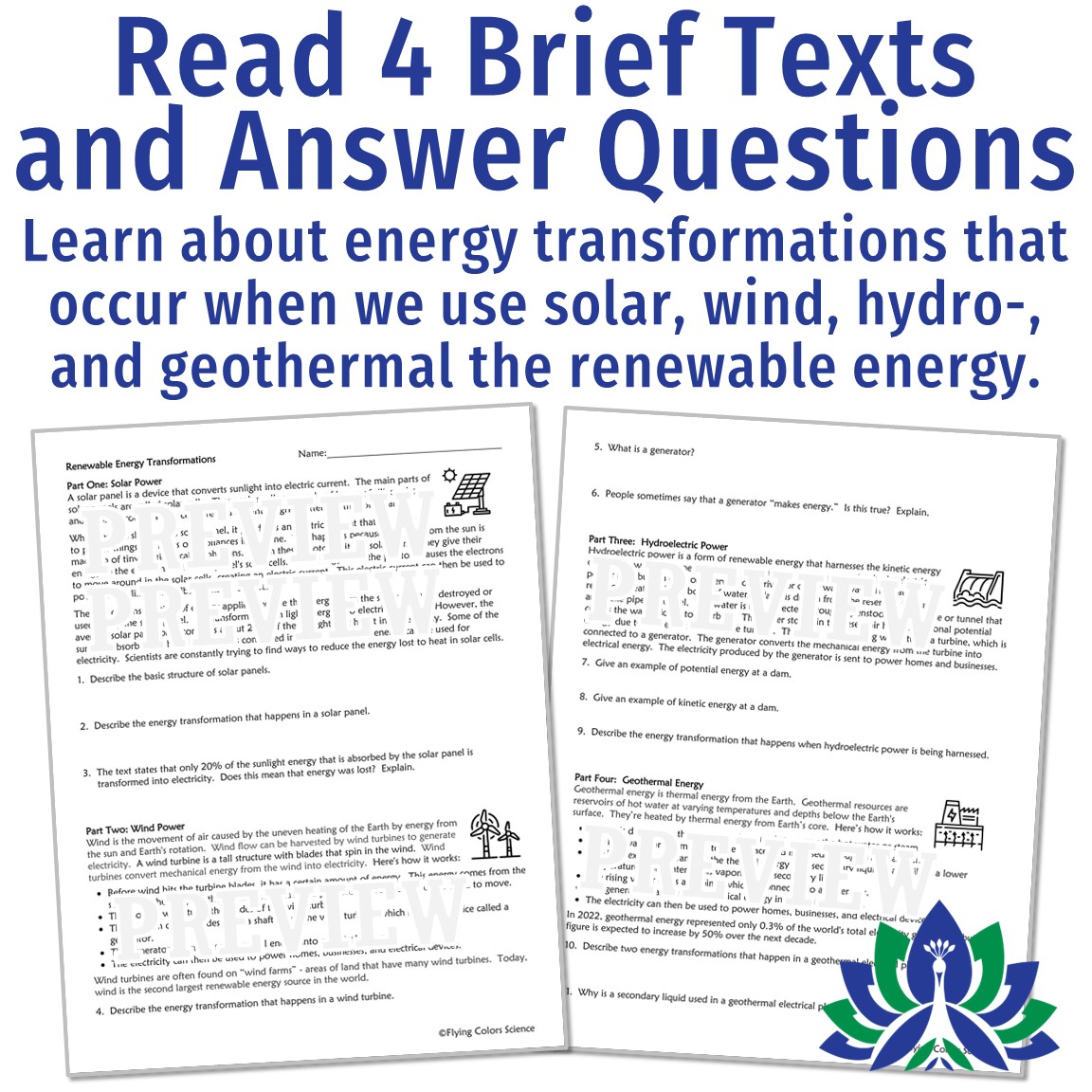 Energy Transformations Worksheet (with Renewable Energy) Flying Colors Science