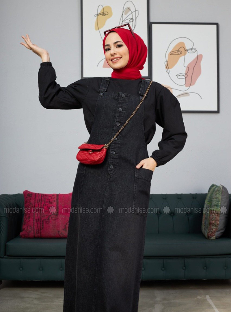 Unlined Black Denim Skirt Overalls
