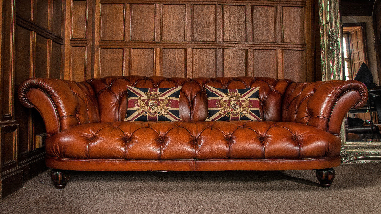 F501191 PAIR of LARGE TETRAD OSKAR TAN BROWN LEATHER CHESTERFIELD 3/4