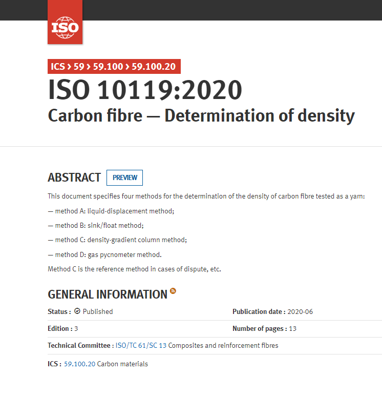 ISO 101192020 Carbon Fibre—Determination of Density FTW