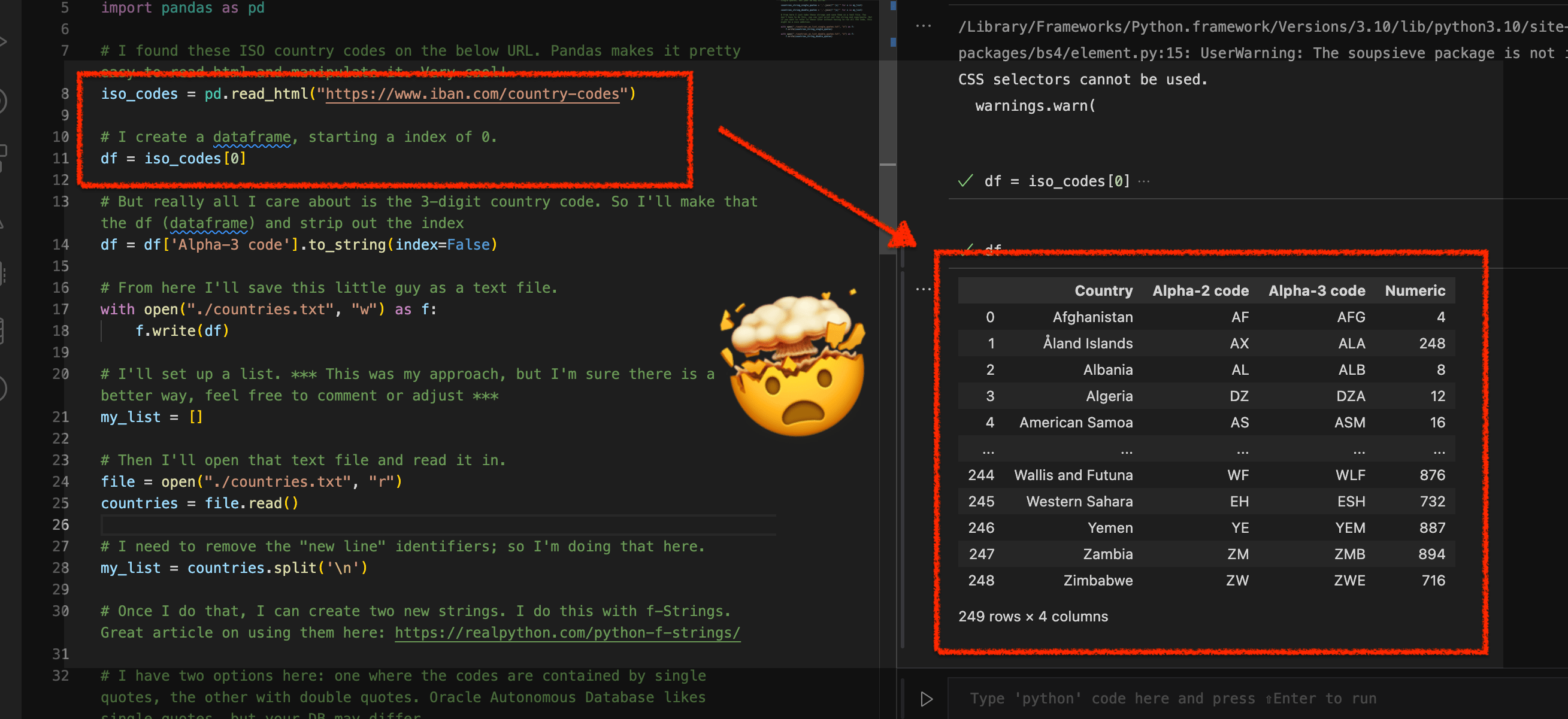 Using Python Pandas to turn ISO Country Codes into a string to use as