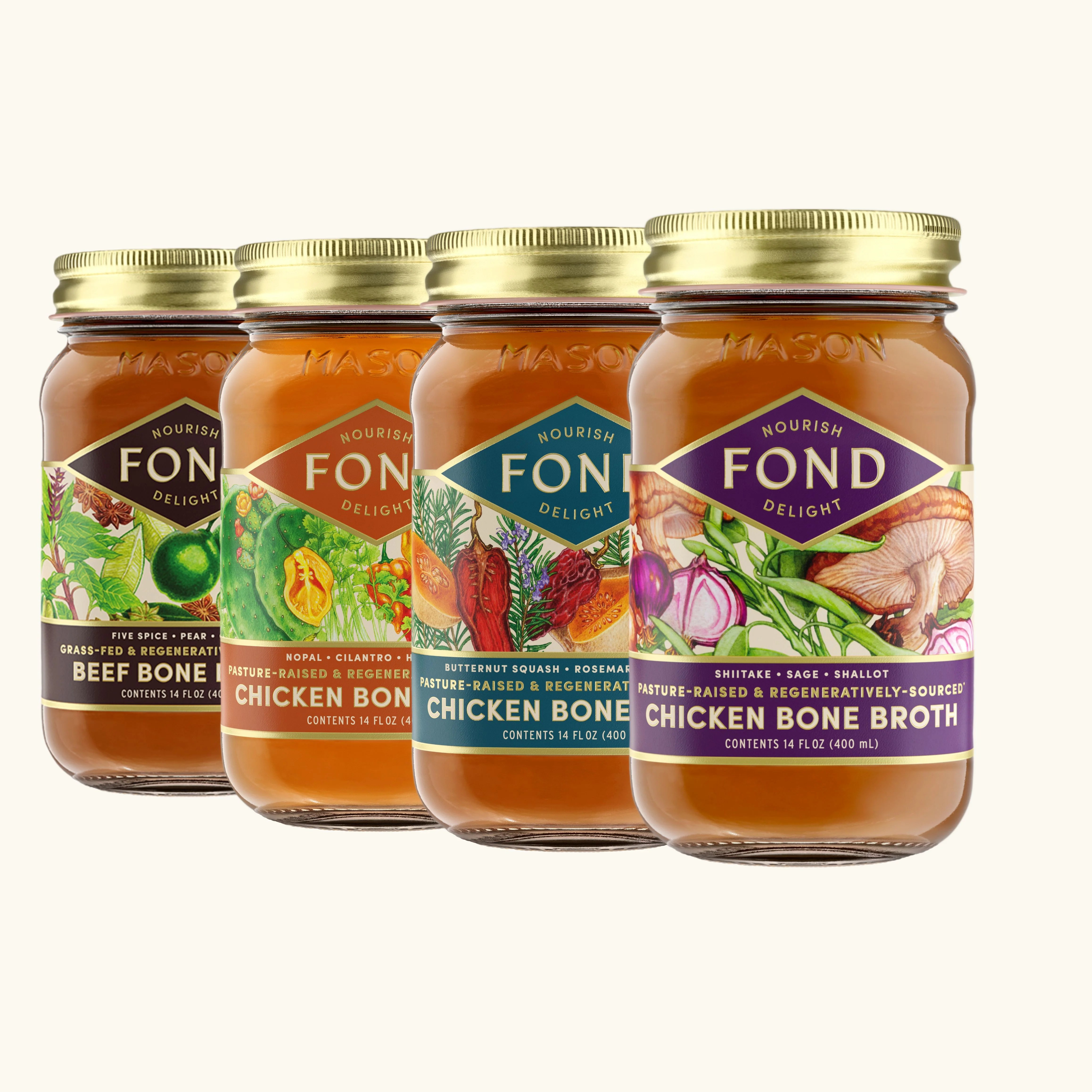 Regenerative Beef & Chicken Bone Broth Variety Pack 4 Jars FOND