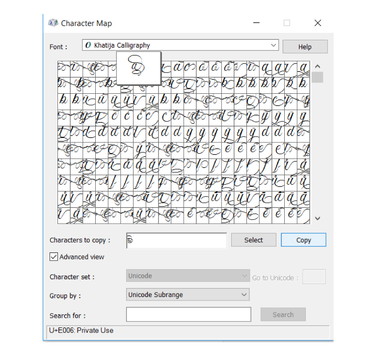 How to access extra character in PUA Encoded fonts for Window Fontsources