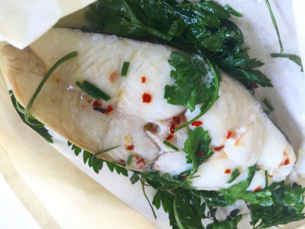 Simple Spicy Marinara with Herbed Halibut en Papillote Recipe Sinkology