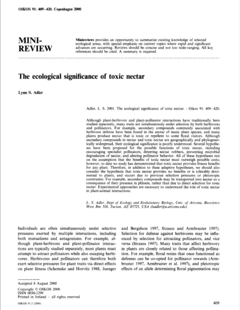 The Ecological Significance of Toxic Nectar Foothill Sierra Pest Control