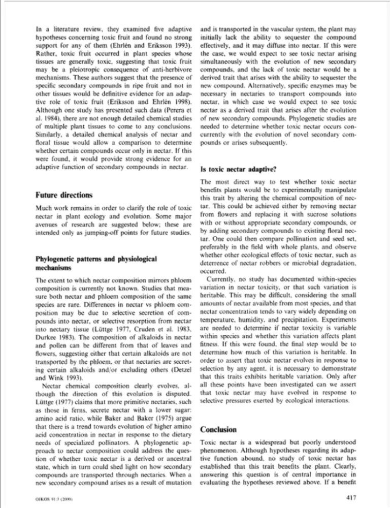 The Ecological Significance of Toxic Nectar Foothill Sierra Pest Control