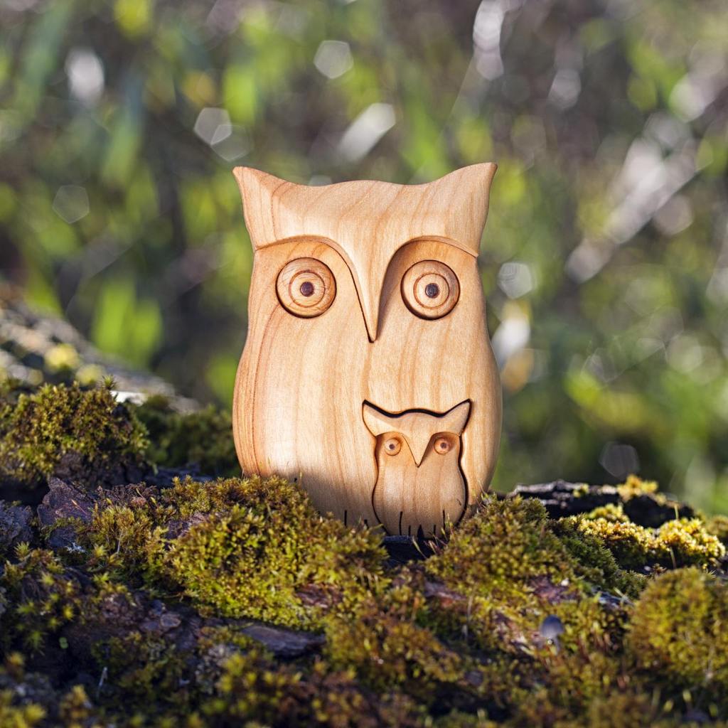 Wooden Owl Figurine, Small Owl Decor for Wall and Shelf (Owl with Two