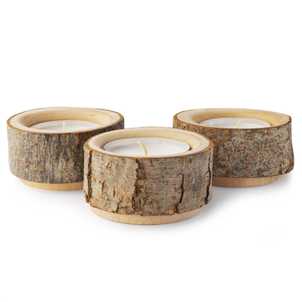 Wood Tealight Candle Holder Set with 3 White Tea Lights Forest Decor
