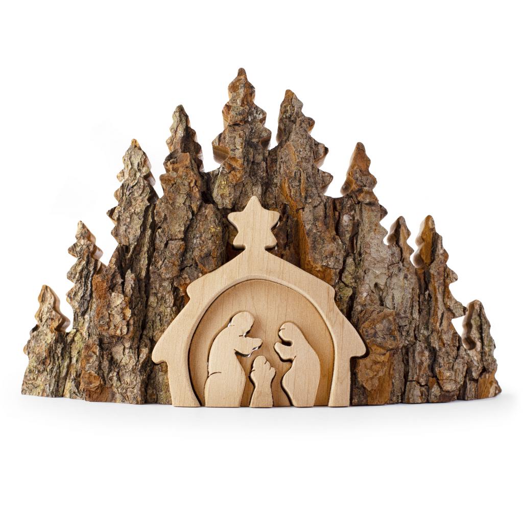 Rustic Nativity Scene Handmade Made with Bark Forest Decor