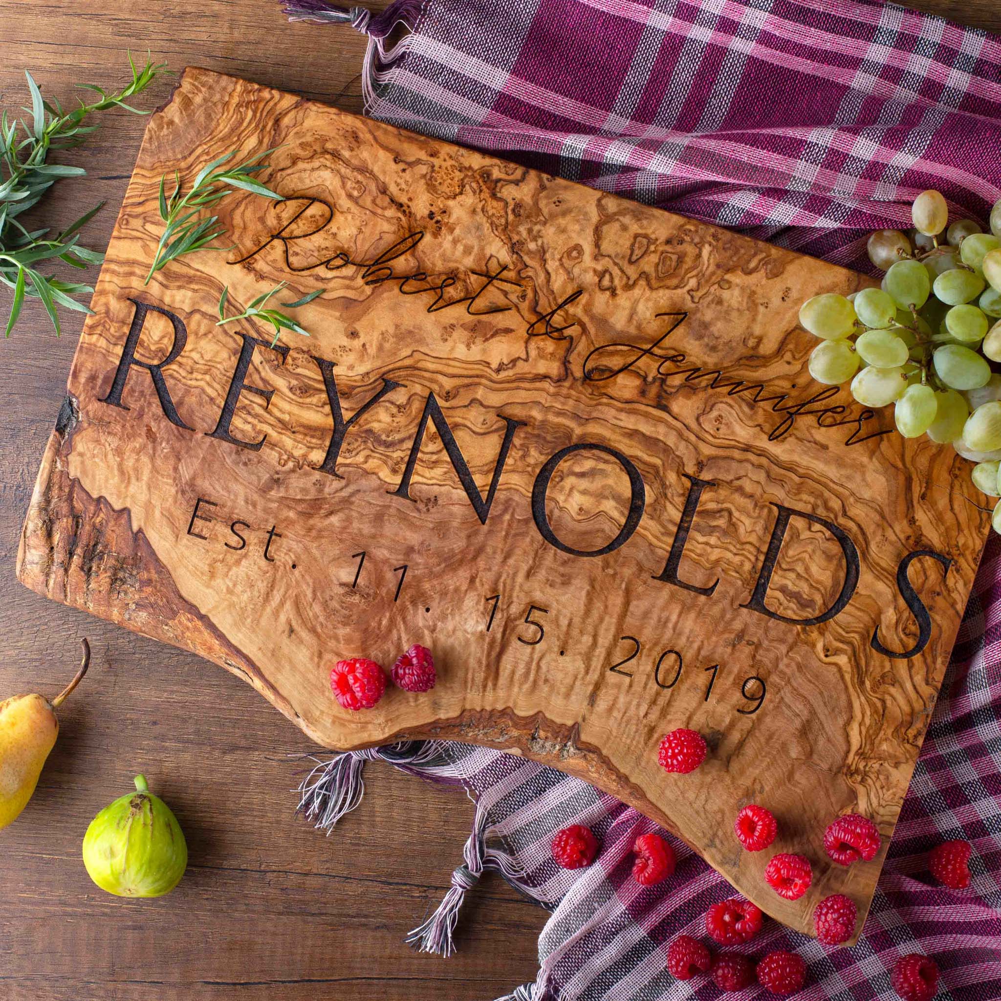 Personalized Olive Wood Cutting Board Live Edge Forest Decor